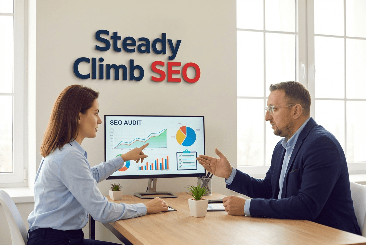 Steady Climb SEO | Joe Fozzy and client discussing seo analytics